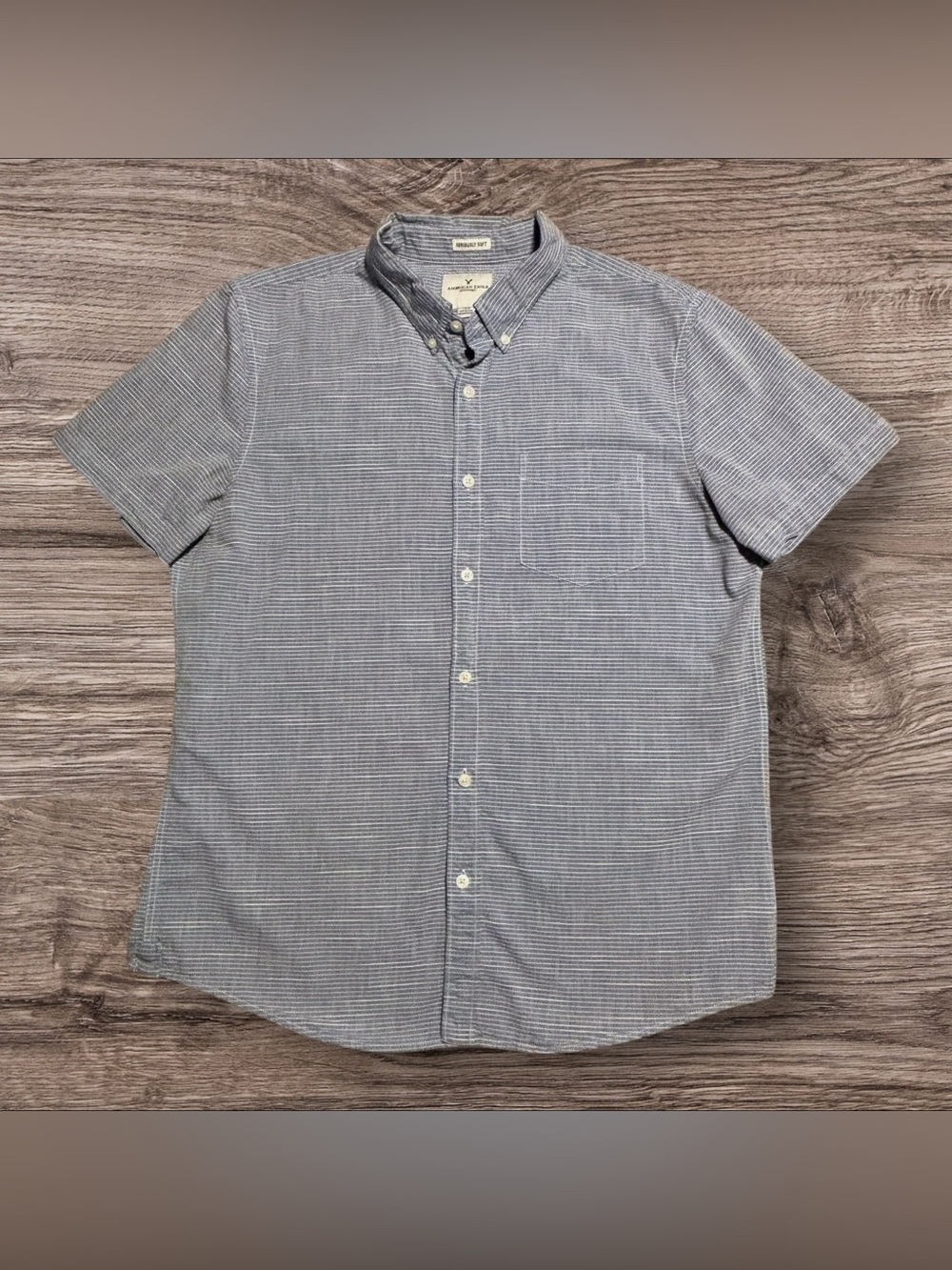 American Eagle Seriously Soft Short Sleeve Button Down Shirt - Blue Stripe